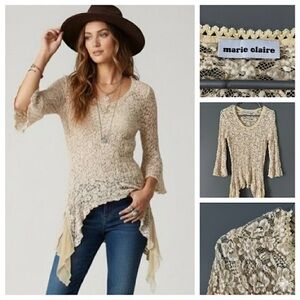 Fairycore Lace Smock Top Handkerchief Hem Bell Sleeve Romantic Ethereal